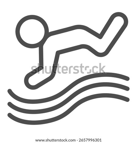 Jump of diver man line icon, diving sport concept. Vector graphics. Athlete man and water waves, sportsman sign on white background, outline style icon for mobile or web design