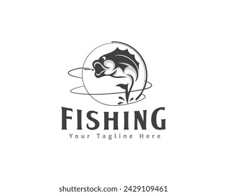 jump fish out from water with fishing line rounded logo icon symbol design template illustration inspiration