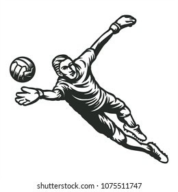 jump and flying keeper soccer football  catching ball saving player hand drawing with no color