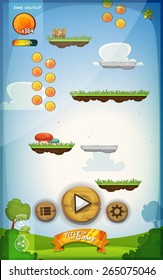 Jump Game User Interface Design For Tablet/
Illustration of a funny spring graphic game ui background, in cartoon style with basic buttons, status bar, vintage retro background, for wide screen tablet