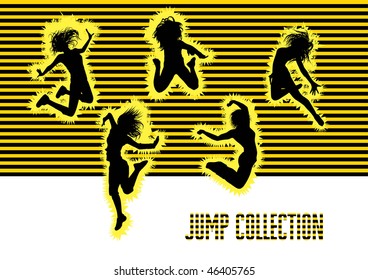 Jump Girl Collection. Five vector silhouette of graceful girls on yellow background.