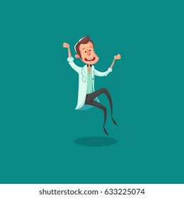 Jump from happiness character "doctor." Vector illustration for medical posters.