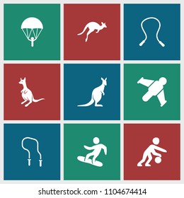 Jump icon. collection of 9 jump filled icons such as kangaroo, skipping rope, parachute, snowboard, basketball player. editable jump icons for web and mobile.