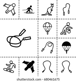 Jump icon. set of 13 filled and outline jump icons such as skiing, hang glider, cangaroo, jump rope, snowboard, skipping rope, basketball player