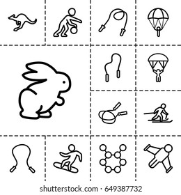 Jump icon. set of 13 outline jumpicons such as cangaroo, rabbit, jump rope, man with parachute, skiing, snowboard, skipping rope, basketball player, hang glider, spring rotate