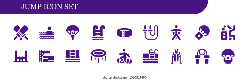 jump icon set. 18 filled jump icons.  Simple modern icons about  - Cricket, Swimming pool, Parachute, Pool, Skip rope, Wingsuit, Dancer, Trampoline, Snowboard, Jumping rope