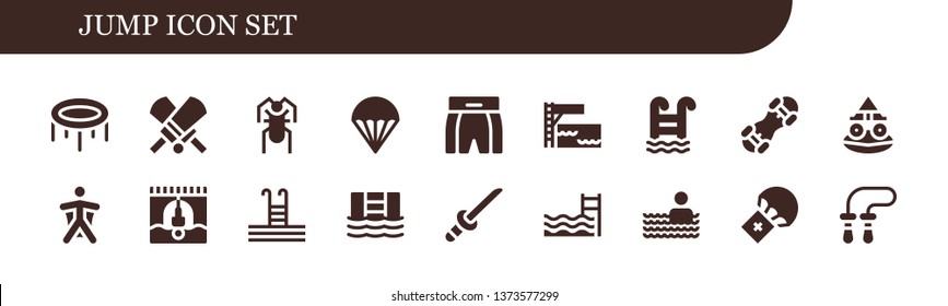 jump icon set. 18 filled jump icons.  Simple modern icons about  - Trampoline, Cricket, Parachute, Boxing shorts, Swimming pool, Snowboard, Toad, Wingsuit, Bungee jumping, Katana