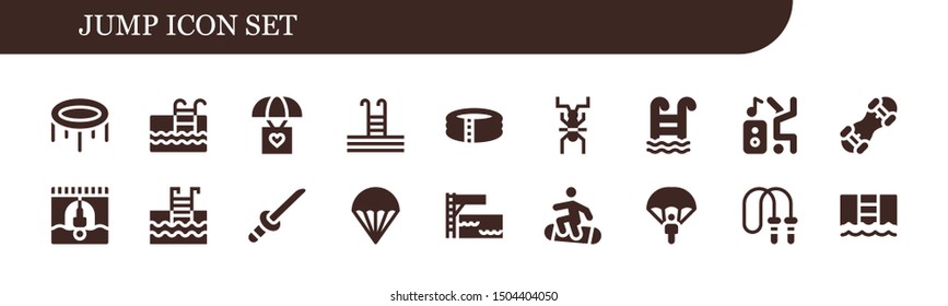 jump icon set. 18 filled jump icons.  Simple modern icons about  - Trampoline, Swimming pool, Parachute, Pool, Cricket, Dancer, Snowboard, Bungee jumping, Katana, Jumping rope