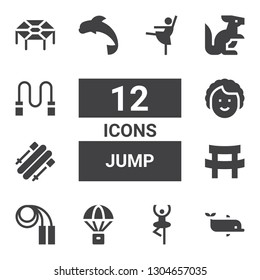 jump icon set. Collection of 12 filled jump icons included Dolphin, Dancer, Parachute, Jumping rope, Katana, Skii, Kangaroo, Skipping rope, Trampoline, Ballerina