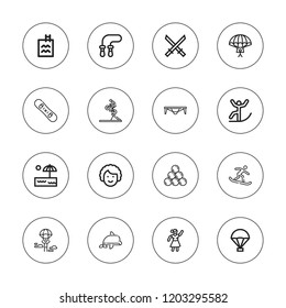 Jump icon set. collection of 16 outline jump icons with artillery, bmx, dancer, dolphin, jumping rope, katana, parachute, parachuting, parachutist, skiing, snowboard icons.