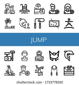 jump icon set. Collection of Football player, Pool, Dolphin, Swimming pool, Skipping rope, Trampoline, Scratching post, Basketball player, American football player, Breakdance icons