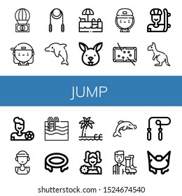 jump icon set. Collection of Parachute, Skater, Skipping rope, Dolphin, Swimming pool, Bunny, Pool, Kangaroo, Football player, Basketball player, Trampoline, Cheerleader icons