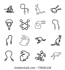 Jump icons. set of 16 editable outline jump icons such as rabbit, cangaroo, jump rope, skipping rope, spring rotate, skiing, snowboard, man with parachute