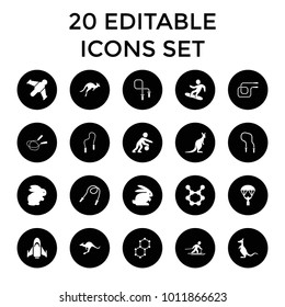 Jump icons. set of 20 editable filled jump icons such as rabbit, kangaroo, skipping rope, hang glider, spring rotate, skiing. best quality jump elements in trendy style.