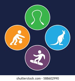 jump icons set. Set of 4 jump filled icons such as kangaroo, snowboard, basketball player