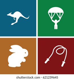 Jump icons set. set of 4 jump filled icons such as rabbit, kangaroo, man with parachute
