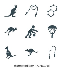 Jump icons. set of 9 editable filled jump icons such as kangaroo, skipping rope, basketball player, man with parachute