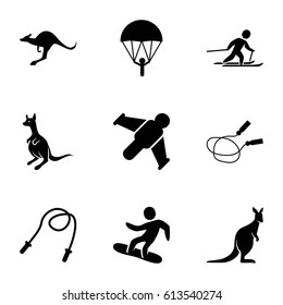 Jump icons set. set of 9 jump filled icons such as kangaroo, jump rope, skiing, snowboard, hang glider, parachute