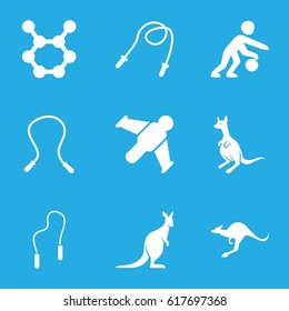 Jump icons set. set of 9 jump filled icons such as kangaroo, skipping rope, basketball player, hang glider
