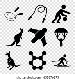 Jump icons set. set of 9 jump filled icons such as kangaroo, jump rope, skiing, basketball player, man with parachute, hang glider, spring rotate