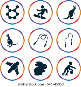 Jump icons set. set of 9 jump filled icons such as rabbit, kangaroo, snowboard, skipping rope, basketball player, hang glider