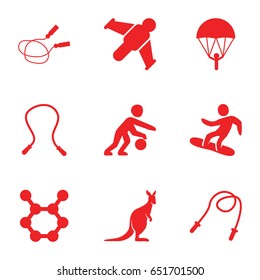 Jump icons set. set of 9 jump filled icons such as kangaroo, jump rope, snowboard, basketball player, hang glider, spring rotate, skipping rope