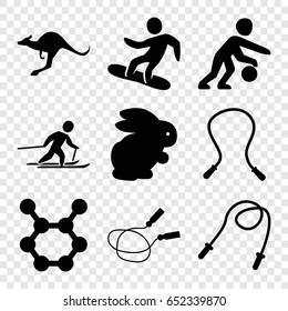Jump icons set. set of 9 jump filled icons such as rabbit, kangaroo, jump rope, skiing, snowboard, basketball player, spring rotate