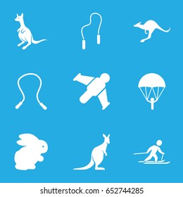 Jump icons set. set of 9 jump filled icons such as rabbit, kangaroo, skiing, skipping rope, hang glider