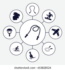 Jump icons set. set of 9 jump filled icons such as rabbit, kangaroo, jump rope, skiing, snowboard, man with parachute, hang glider