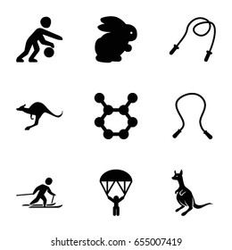 Jump icons set. set of 9 jump filled icons such as rabbit, kangaroo, skiing, basketball player, man with parachute, spring rotate