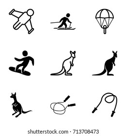 Jump icons set. set of 9 jump filled and outline icons such as kangaroo, jump rope, skiing, snowboard, cangaroo, hang glider, skipping rope