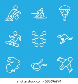 jump icons set. Set of 9 jump outline icons such as cangaroo, rabbit, jump rope, man with parachute, skiing, snowboard, basketball player, hang glider