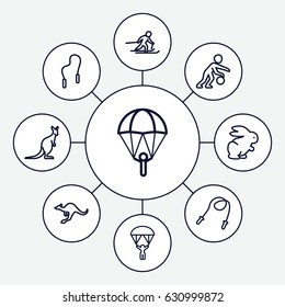 Jump icons set. set of 9 jump outline icons such as cangaroo, rabbit, man with parachute, skiing, skipping rope, basketball player