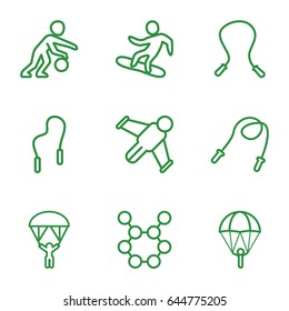 Jump icons set. set of 9 jump outline icons such as man with parachute, snowboard, skipping rope, basketball player, hang glider, spring rotate