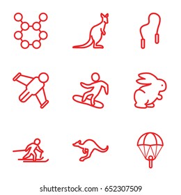 Jump icons set. set of 9 jump outline icons such as cangaroo, rabbit, skiing, snowboard, skipping rope, hang glider, spring rotate