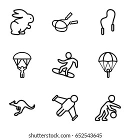 Jump icons set. set of 9 jump outline icons such as cangaroo, rabbit, jump rope, man with parachute, snowboard, skipping rope, basketball player, hang glider