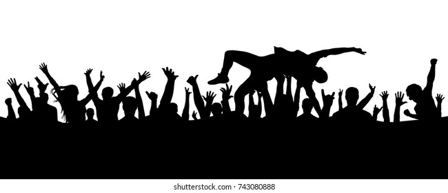 Jump into the crowd. A man leaps into his arms in a crowd of people silhouette