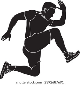 Jump for Joy: Vector Cartoon of Fit Man in Air Silhouette, Happy Leaps: Sketch Drawing of Silhouette - Man Jumping, Cheerful Soars: Vector Drawing of Happy Man in Air