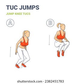 Ejercicio De Tucs De Salto De Knee. Orientación para el entrenamiento doméstico de peso corporal para mujeres. La rodilla que hace salta por Hamstring, Quadriceps y abs