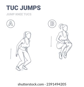 Jump Knee Tucs Exercise. Woman Bodyweight Home Workout Black and Wite Outlined Guidance. Girl Doing Knee Jumps for Hamstrings, Quadriceps and Abs