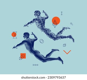 The jump of a man to hit something. Sport symbol. 3D human body model with stipple effect in сoarse and fine style. Pixel art. Vector illustration. Design for banner, flyer, poster, cover or brochure.