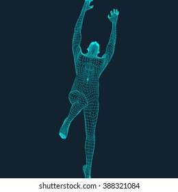 Jump Man. Polygonal Design. 3D Model of Man. Geometric Design. Business, Science and Technology Vector Illustration. 3d Polygonal Covering Skin. Human Polygon Body. Human Body Wire Model.  