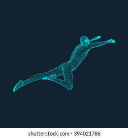 Spring Man. Polygonales Design. 3D-Modell des Menschen. Geometrisches Design. Vektorgrafik in Wirtschaft, Wissenschaft und Technologie. 3d Polygonal Covering Skin. Menschlicher Polygonkörper. Human Body Wire Model.  