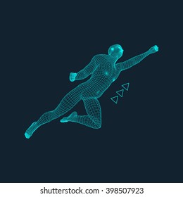 Jump Man. Polygonal Design. 3D Model of Man. Geometric Design. Business, Science and Technology Vector Illustration. 3d Polygonal Covering Skin. Human Polygon Body. 