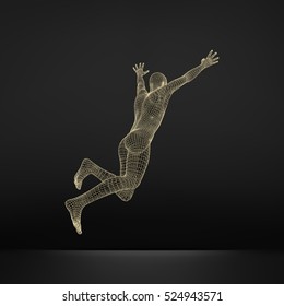 Salta al hombre. Diseño poligonal. Modelo 3D de hombre. Diseño Geométrico. Ilustración de vectores de negocios, ciencia y tecnología. 3 quinquies Cubierta Polígona Piel. Cuerpo de polígono humano. Modelo de cable corporal humano.