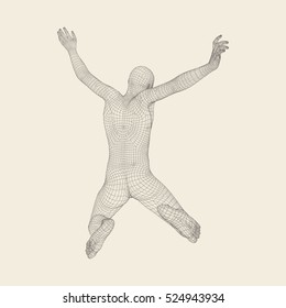 Jump Man. Polygonal Design. 3D Model of Man. Geometric Design. Business, Science and Technology Vector Illustration. 3d Polygonal Covering Skin. Human Polygon Body. Human Body Wire Model.
