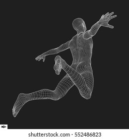 Spring Man. Polygonales Design. 3D-Modell des Menschen. Geometrisches Design. Vektorgrafik in Wirtschaft, Wissenschaft und Technologie. 3d Polygonal Covering Skin. Menschlicher Polygonkörper. Human Body Wire Model. 