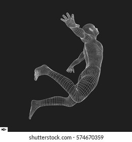 Salta al hombre. Diseño poligonal. Modelo 3D de hombre. Diseño Geométrico. Ilustración de vectores de negocios, ciencia y tecnología. 3 quinquies Cubierta Polígona Piel. Cuerpo de polígono humano. Modelo de cable corporal humano.  