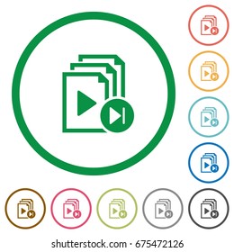 Jump to next playlist item flat color icons in round outlines on white background