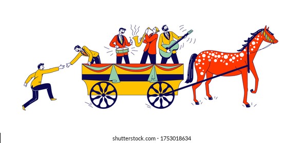 Jump on the Bandwagon Concept, Join Very Popular Activity to Share its Success. Follower Male Character Chasing, Joining, and Jumping into Wagon with Music Band. Linear People Vector Illustration